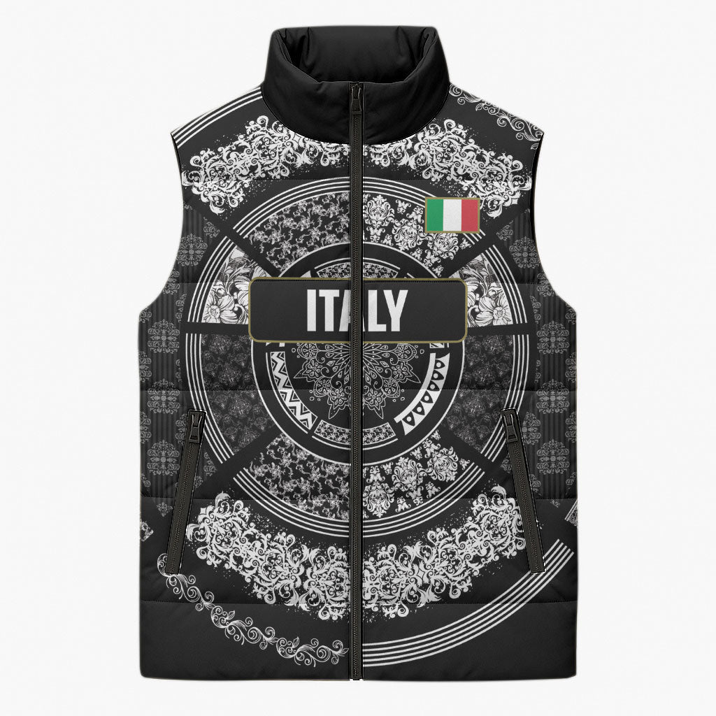Italy Rugby Concept Custom Sleeveless Puffer Jacket Black and White Mandala Inspired