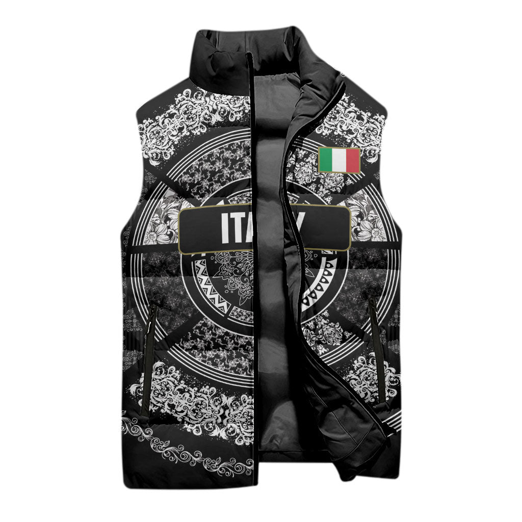 Italy Rugby Concept Custom Sleeveless Puffer Jacket Black and White Mandala Inspired
