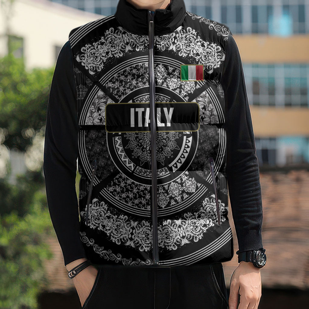 Italy Rugby Concept Custom Sleeveless Puffer Jacket Black and White Mandala Inspired