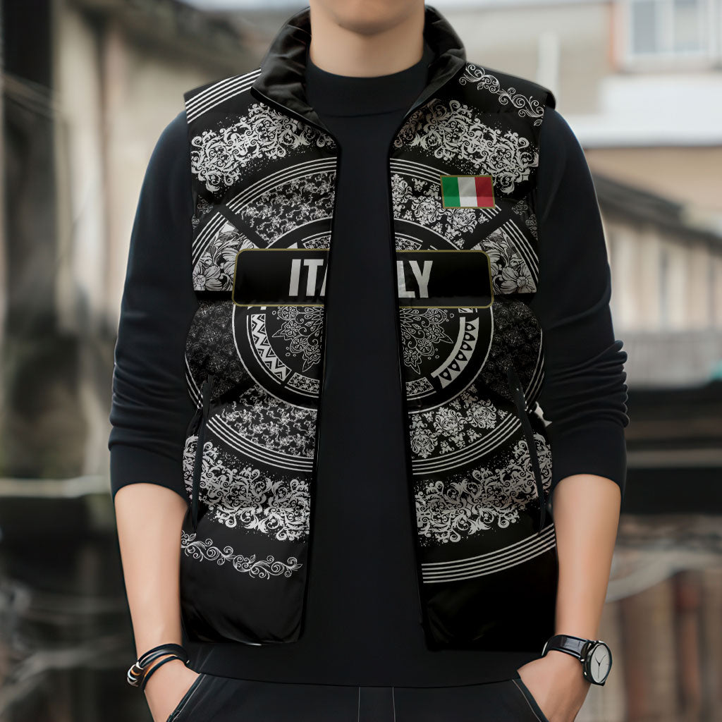 Italy Rugby Concept Custom Sleeveless Puffer Jacket Black and White Mandala Inspired