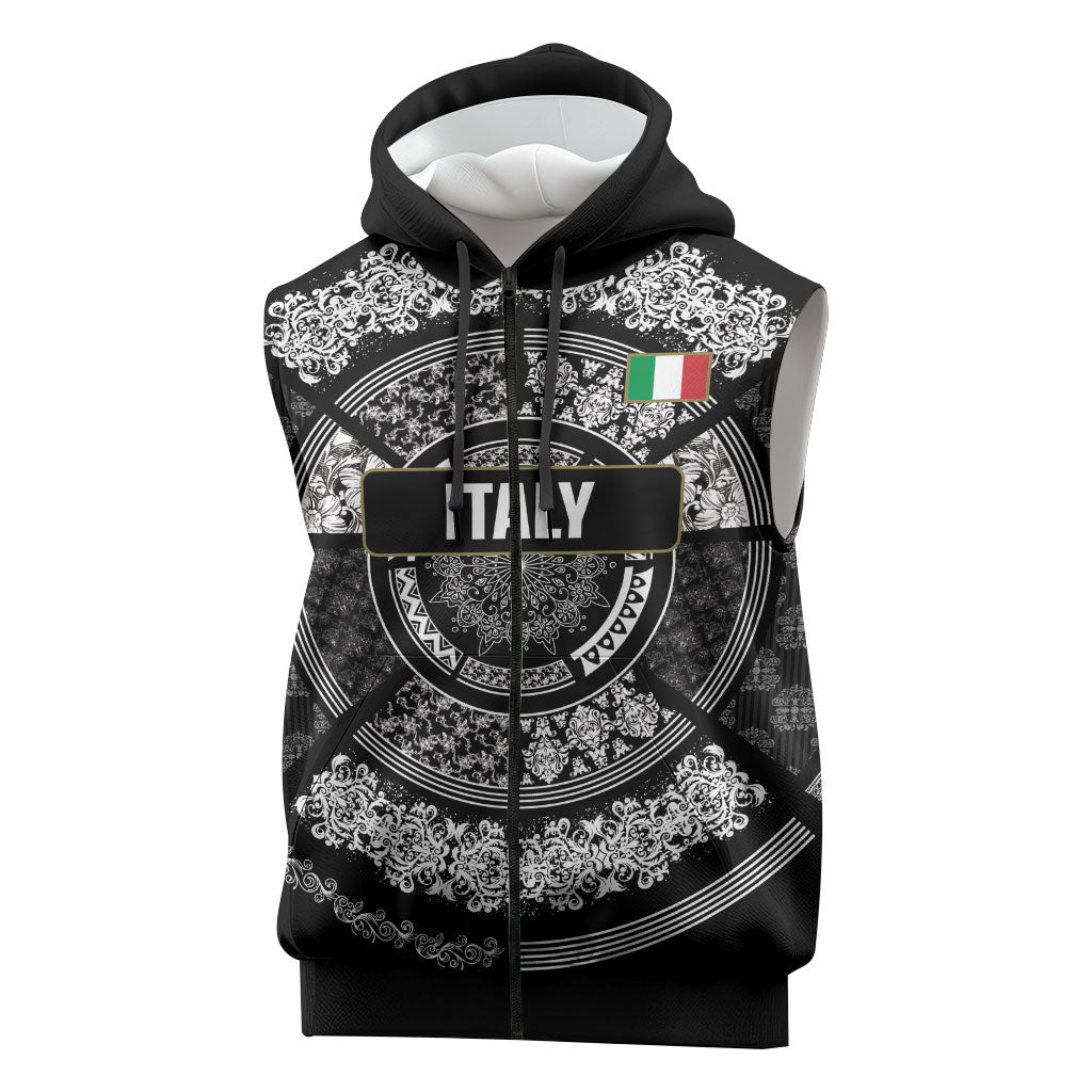 Italy Rugby Concept Custom Sleeveless Zip Hoodie Black and White Mandala Inspired