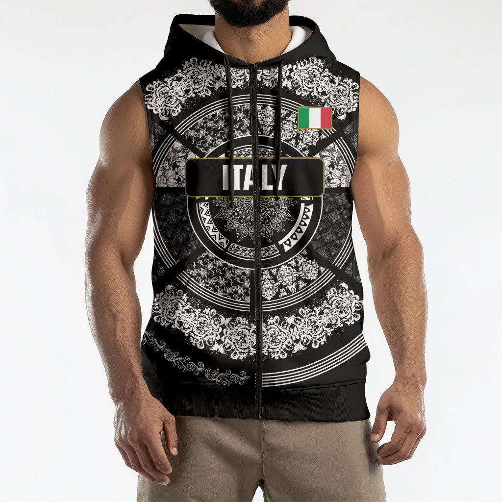 Italy Rugby Concept Custom Sleeveless Zip Hoodie Black and White Mandala Inspired