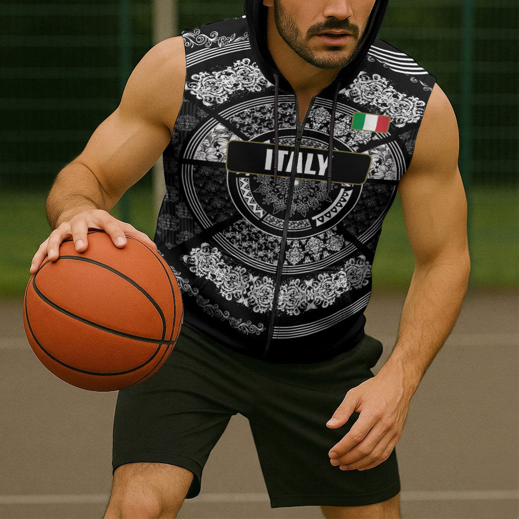 Italy Rugby Concept Custom Sleeveless Zip Hoodie Black and White Mandala Inspired