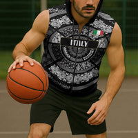 Italy Rugby Concept Custom Sleeveless Zip Hoodie Black and White Mandala Inspired