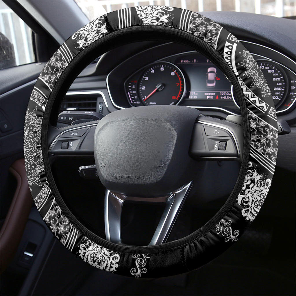 Italy Rugby Concept Steering Wheel Cover Black and White Mandala Inspired