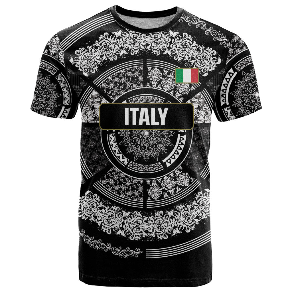 Italy Rugby Concept Custom T Shirt Black and White Mandala Inspired