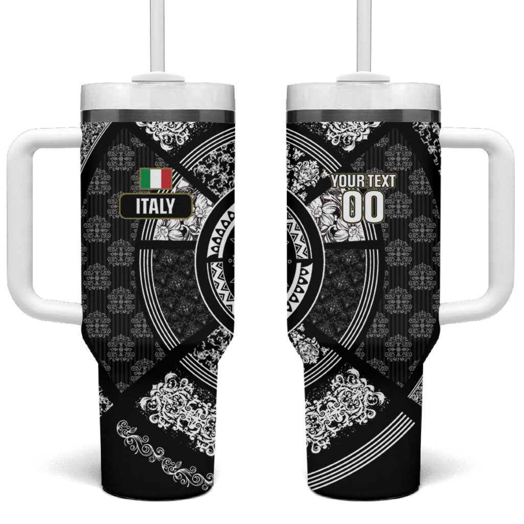 Italy Rugby Concept Custom Tumbler With Handle Black and White Mandala Inspired