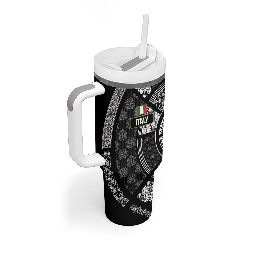 Italy Rugby Concept Custom Tumbler With Handle Black and White Mandala Inspired