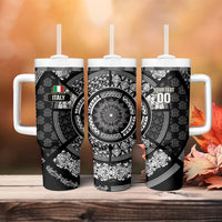 Italy Rugby Concept Custom Tumbler With Handle Black and White Mandala Inspired