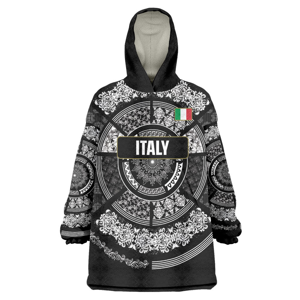 Italy Rugby Concept Custom Wearable Blanket Hoodie Black and White Mandala Inspired