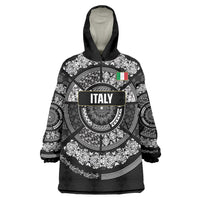 Italy Rugby Concept Custom Wearable Blanket Hoodie Black and White Mandala Inspired