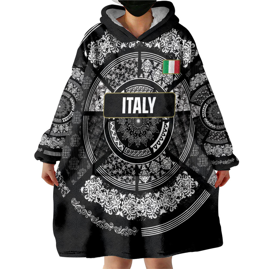 Italy Rugby Concept Custom Wearable Blanket Hoodie Black and White Mandala Inspired