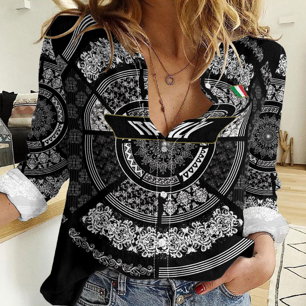 Italy Rugby Concept Custom Women Casual Shirt Black and White Mandala Inspired