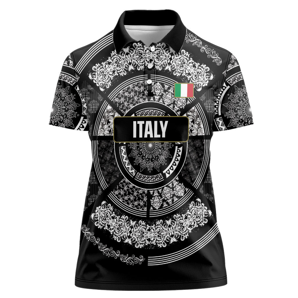 Italy Rugby Concept Custom Women Polo Shirt Black and White Mandala Inspired