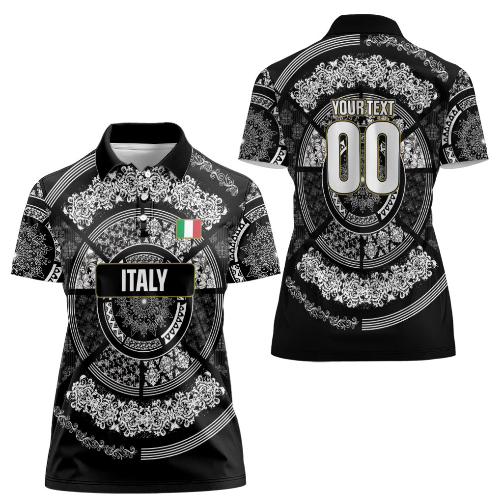 Italy Rugby Concept Custom Women Polo Shirt Black and White Mandala Inspired