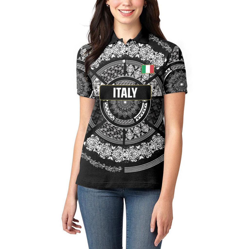 Italy Rugby Concept Custom Women Polo Shirt Black and White Mandala Inspired