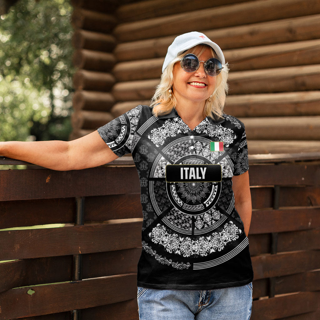 Italy Rugby Concept Custom Women Polo Shirt Black and White Mandala Inspired