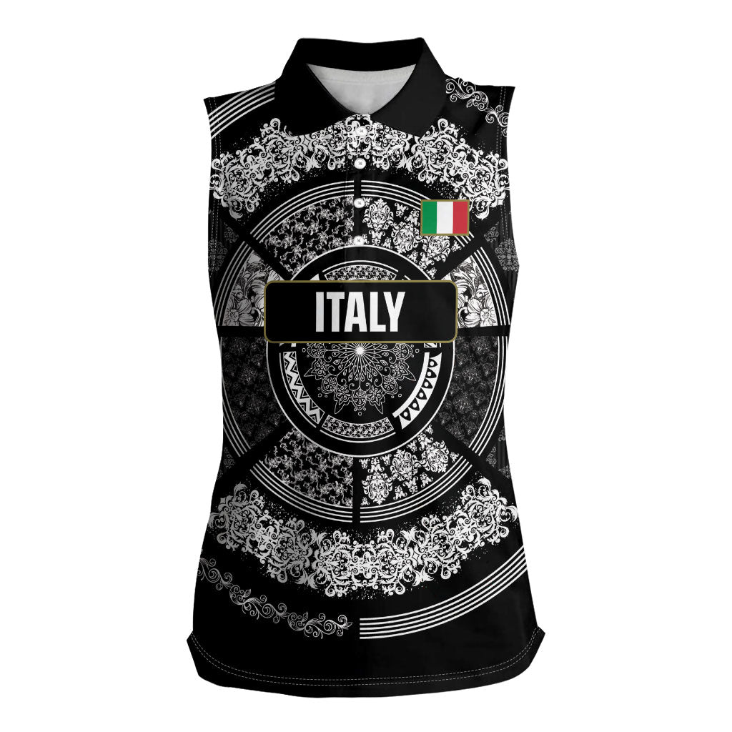 Italy Rugby Concept Custom Women Sleeveless Polo Shirt Black and White Mandala Inspired