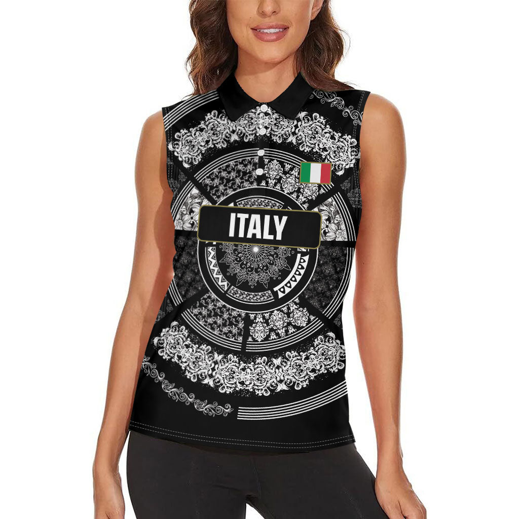 Italy Rugby Concept Custom Women Sleeveless Polo Shirt Black and White Mandala Inspired