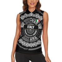 Italy Rugby Concept Custom Women Sleeveless Polo Shirt Black and White Mandala Inspired