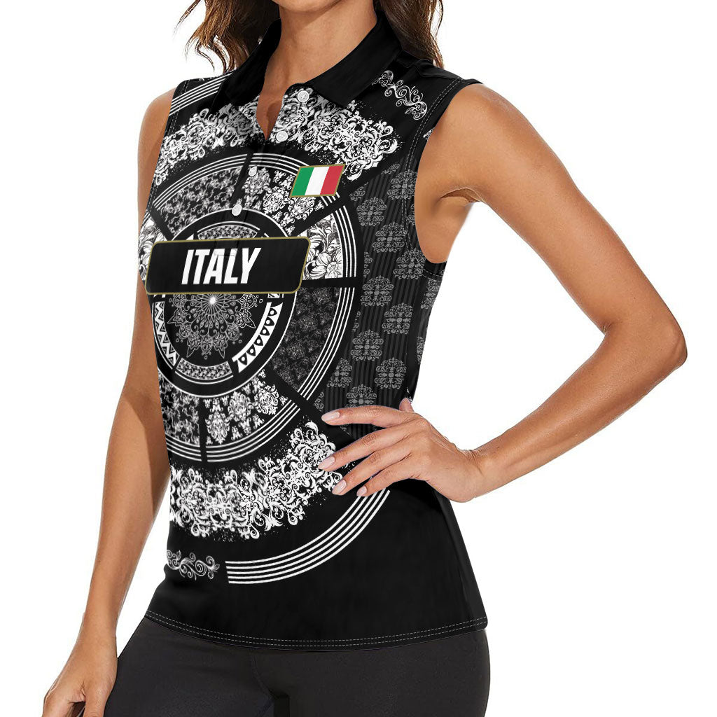 Italy Rugby Concept Custom Women Sleeveless Polo Shirt Black and White Mandala Inspired