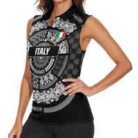 Italy Rugby Concept Custom Women Sleeveless Polo Shirt Black and White Mandala Inspired