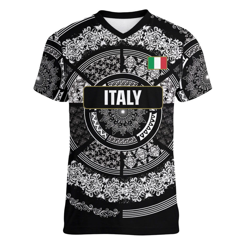 Italy Rugby Concept Custom Women V-Neck T-Shirt Black and White Mandala Inspired