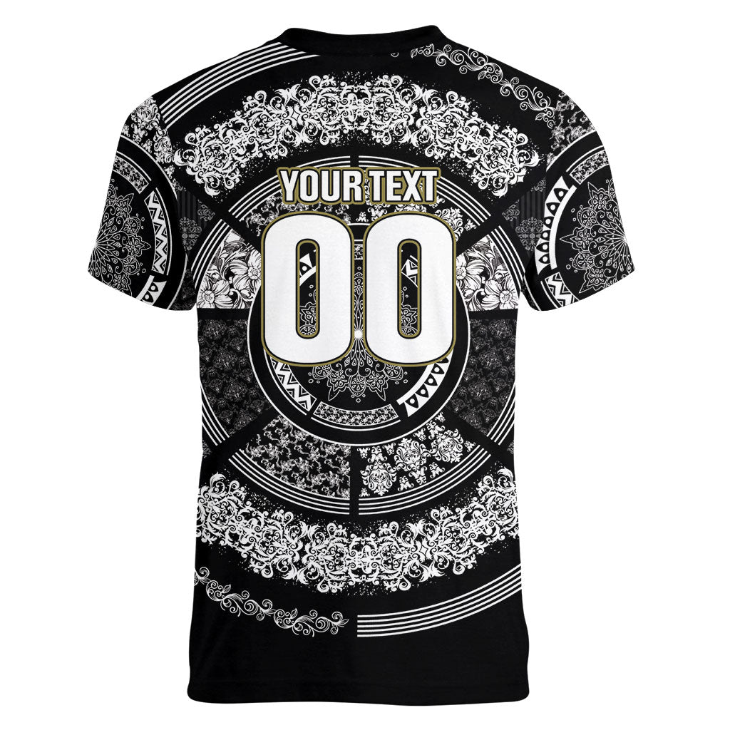 Italy Rugby Concept Custom Women V-Neck T-Shirt Black and White Mandala Inspired