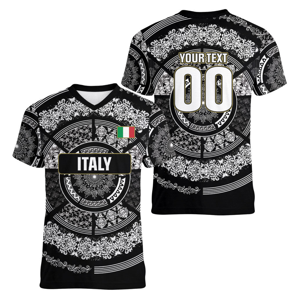 Italy Rugby Concept Custom Women V-Neck T-Shirt Black and White Mandala Inspired