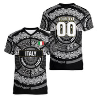 Italy Rugby Concept Custom Women V-Neck T-Shirt Black and White Mandala Inspired