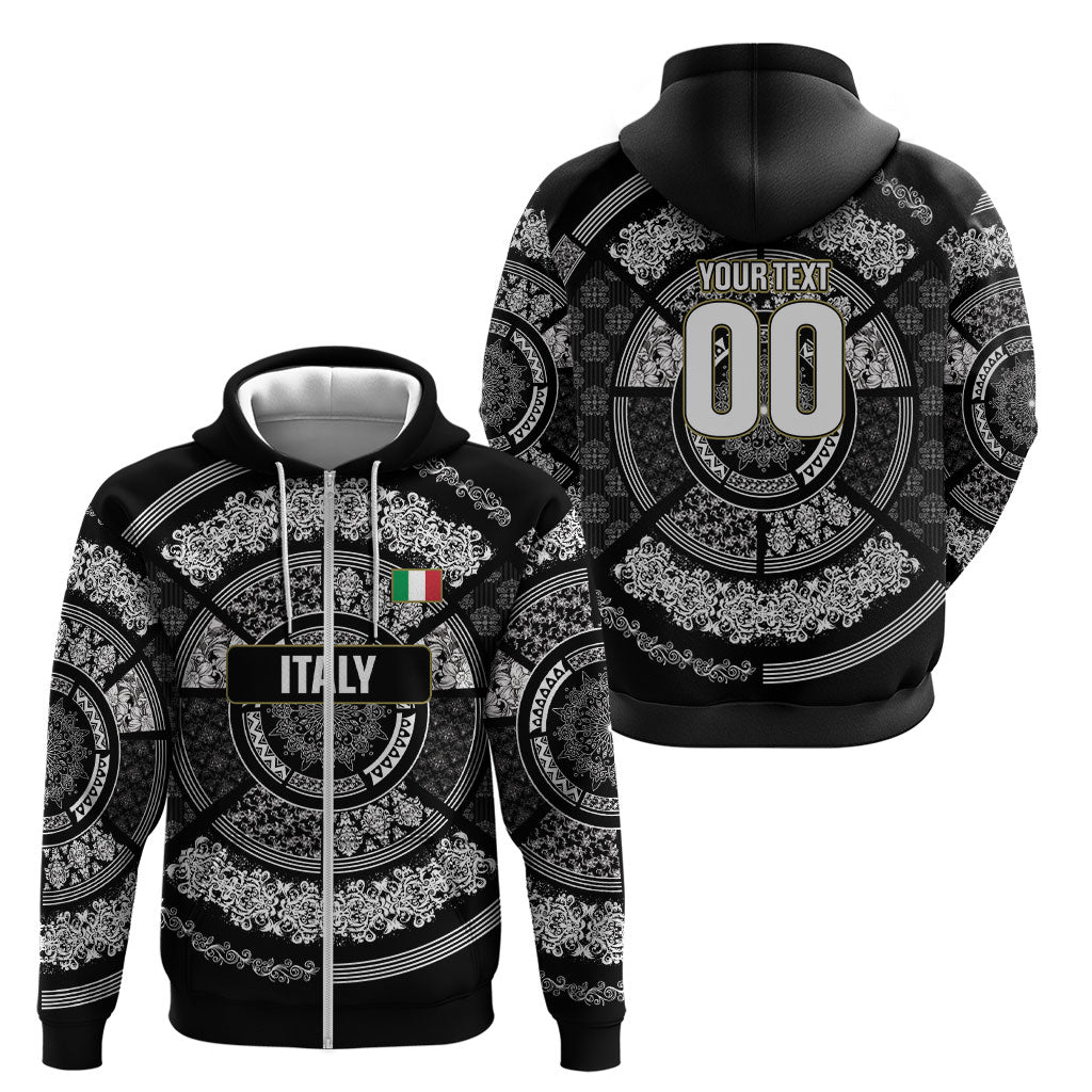 Italy Rugby Concept Custom Zip Hoodie Black and White Mandala Inspired