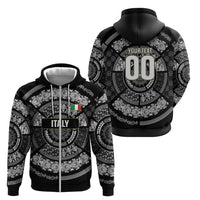 Italy Rugby Concept Custom Zip Hoodie Black and White Mandala Inspired