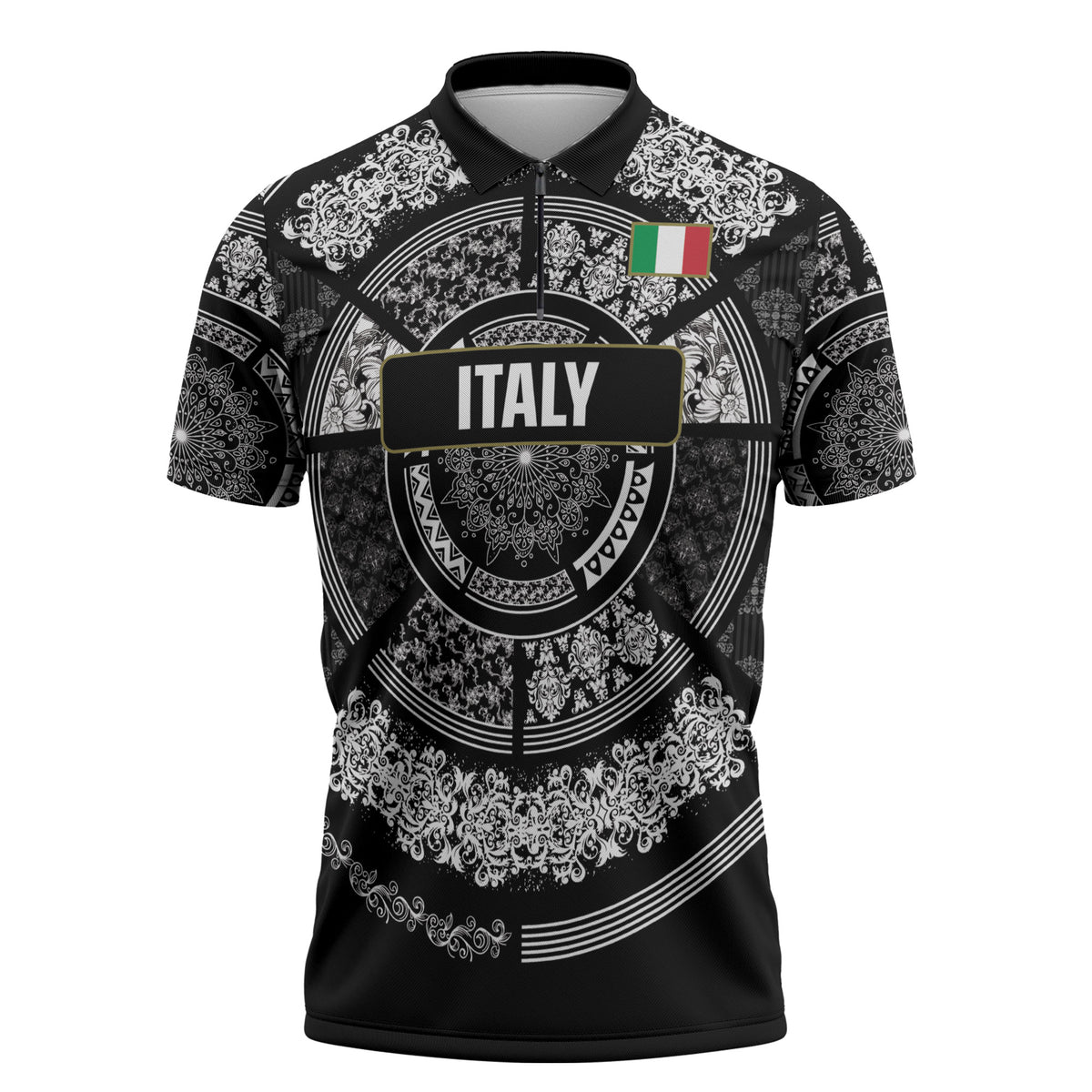 Italy Rugby Concept Custom Zipper Polo Shirt Black and White Mandala Inspired