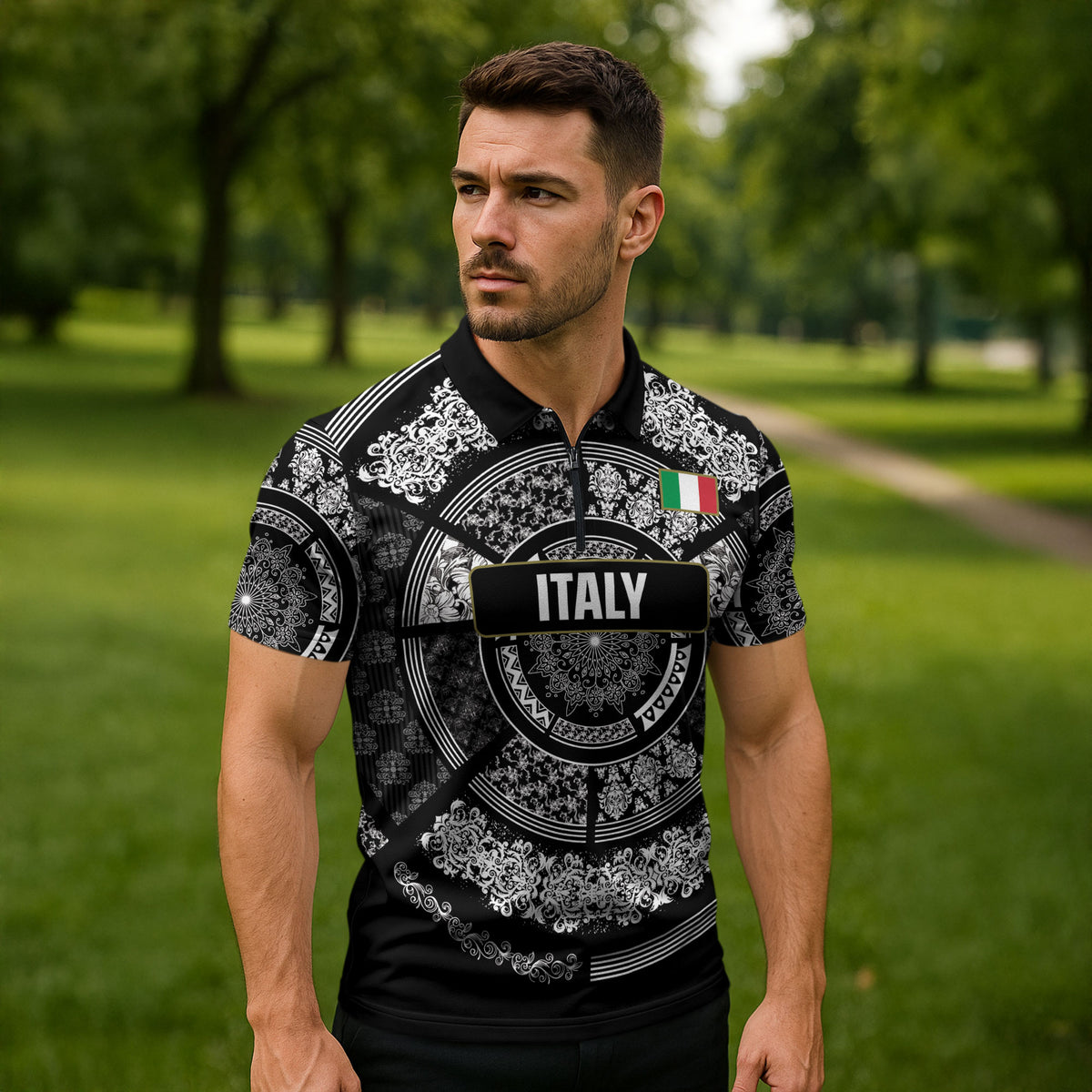 Italy Rugby Concept Custom Zipper Polo Shirt Black and White Mandala Inspired