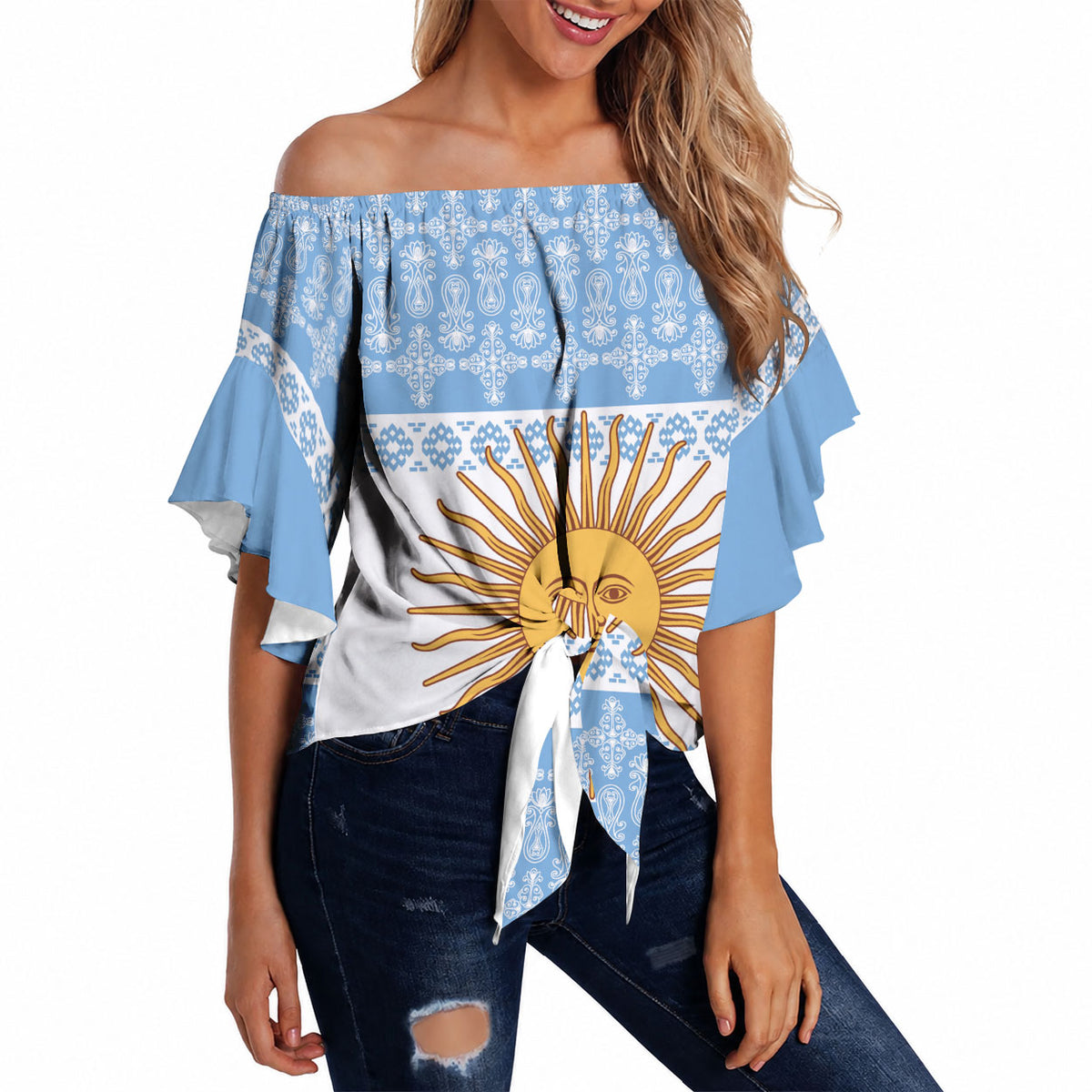 Argentina Rugby National Heritage Custom Off Shoulder Wrap Waist Top Gaucho Inspired
