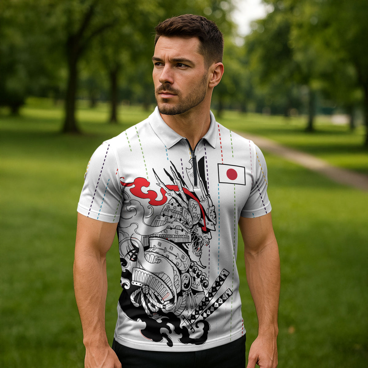 Japan Rugby National Heritage Custom Zipper Polo Shirt Traditional Sashiko Inspired