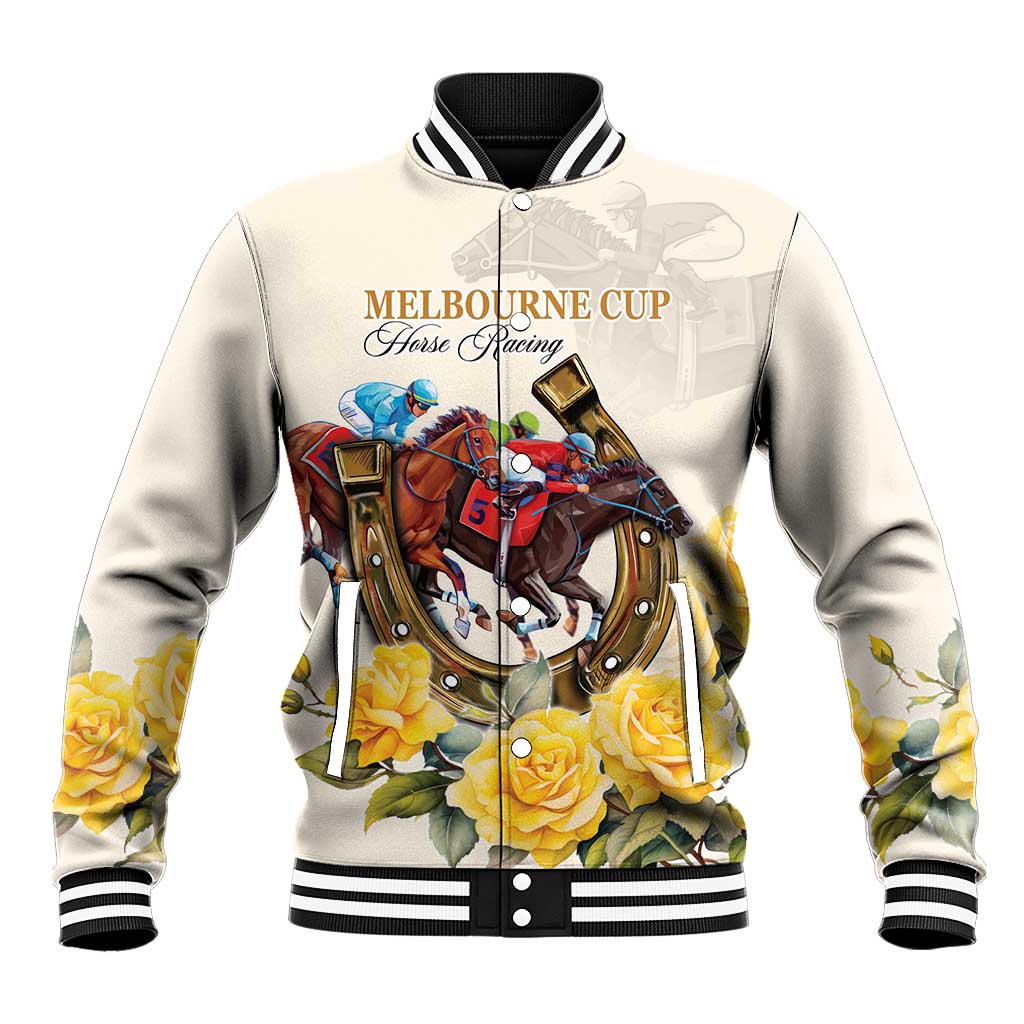 Melbourne Horse Racing Personalised Baseball Jacket Australian Horse With Yellow Roses - Wonder Print Shop