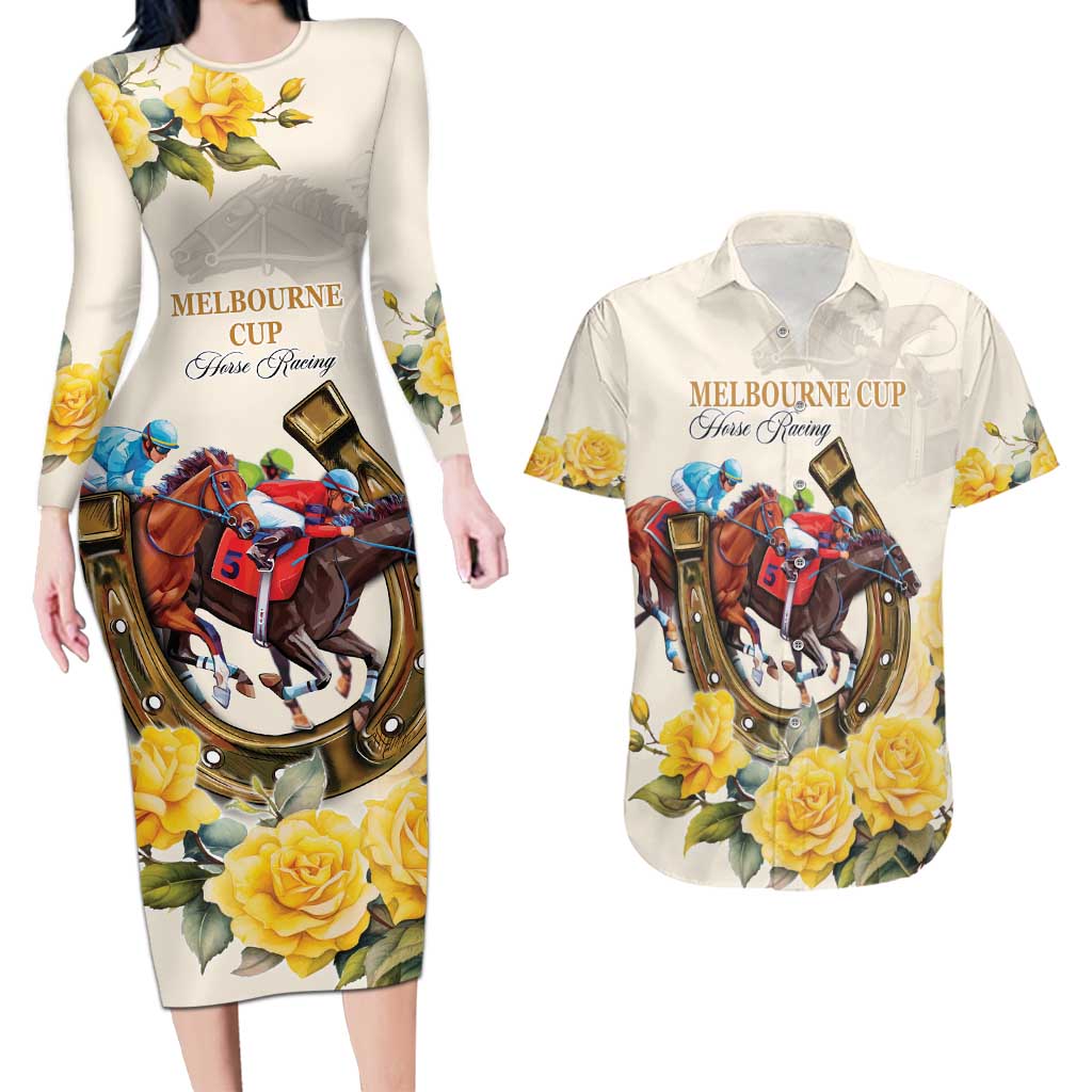 Melbourne Horse Racing Personalised Couples Matching Long Sleeve Bodycon Dress and Hawaiian Shirt Australian Horse With Yellow Roses - Wonder Print Shop