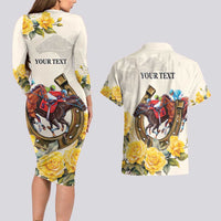 Melbourne Horse Racing Personalised Couples Matching Long Sleeve Bodycon Dress and Hawaiian Shirt Australian Horse With Yellow Roses - Wonder Print Shop
