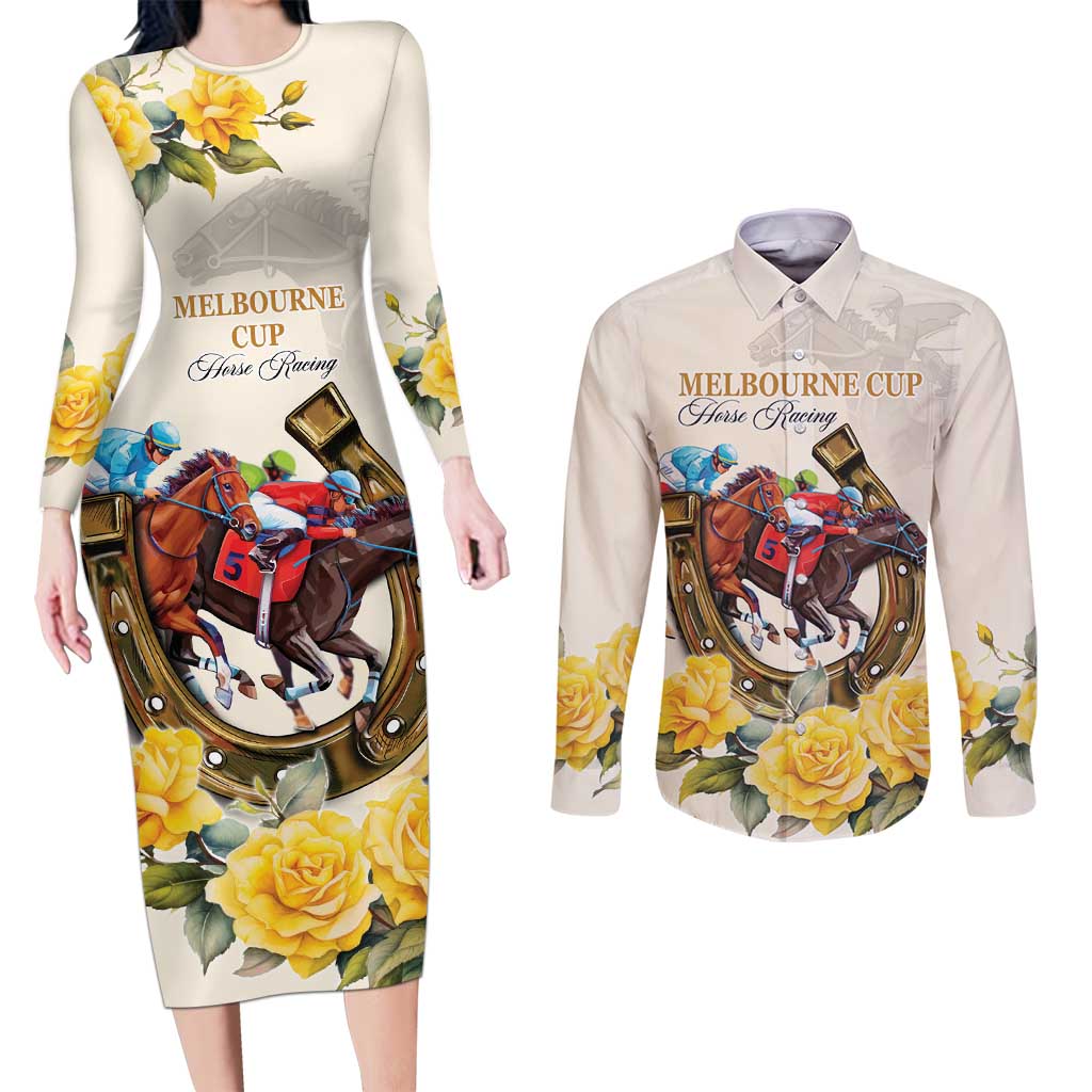 Melbourne Horse Racing Personalised Couples Matching Long Sleeve Bodycon Dress and Long Sleeve Button Shirt Australian Horse With Yellow Roses - Wonder Print Shop
