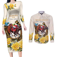 Melbourne Horse Racing Personalised Couples Matching Long Sleeve Bodycon Dress and Long Sleeve Button Shirt Australian Horse With Yellow Roses - Wonder Print Shop