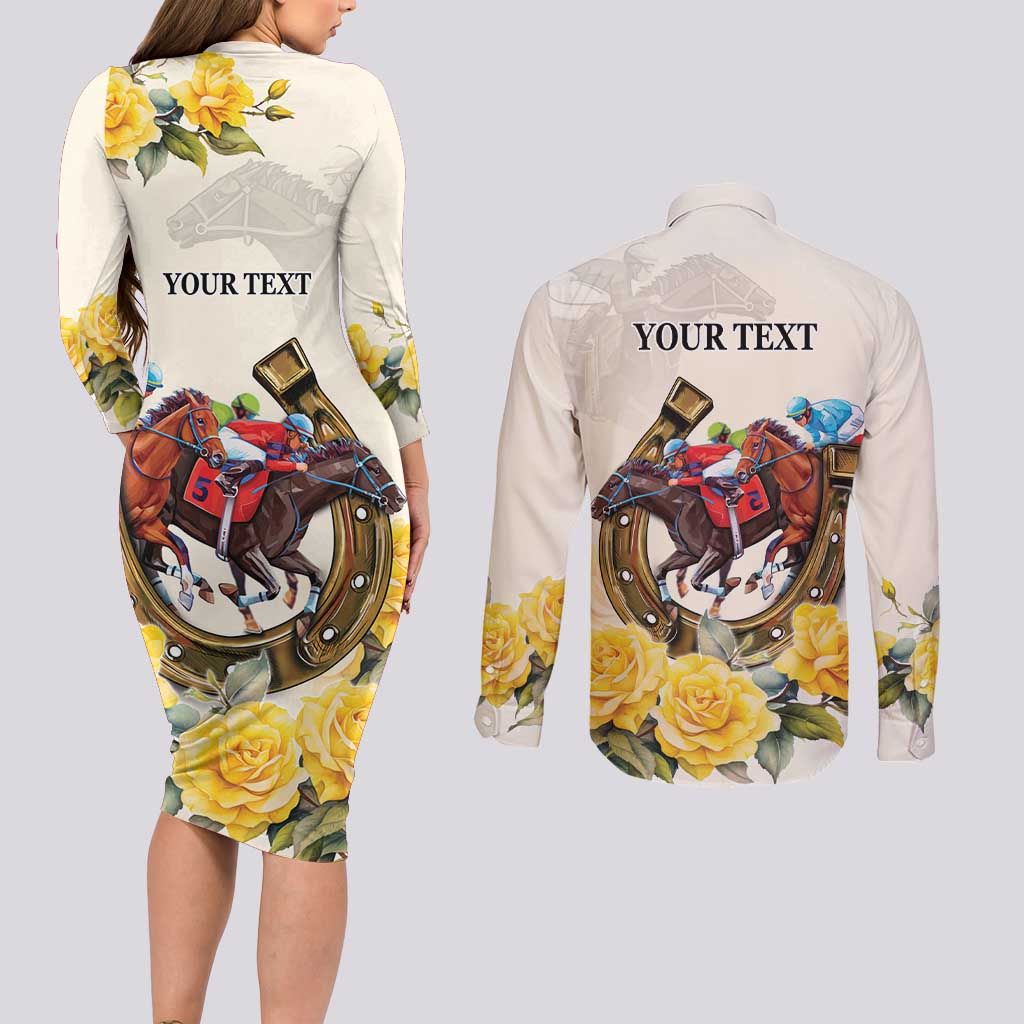 Melbourne Horse Racing Personalised Couples Matching Long Sleeve Bodycon Dress and Long Sleeve Button Shirt Australian Horse With Yellow Roses - Wonder Print Shop