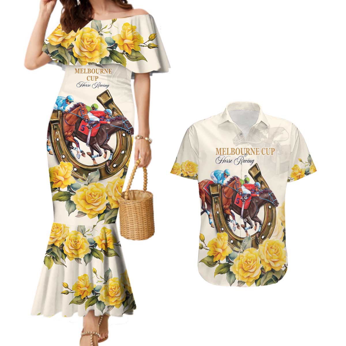 Melbourne Horse Racing Personalised Couples Matching Mermaid Dress and Hawaiian Shirt Australian Horse With Yellow Roses - Wonder Print Shop