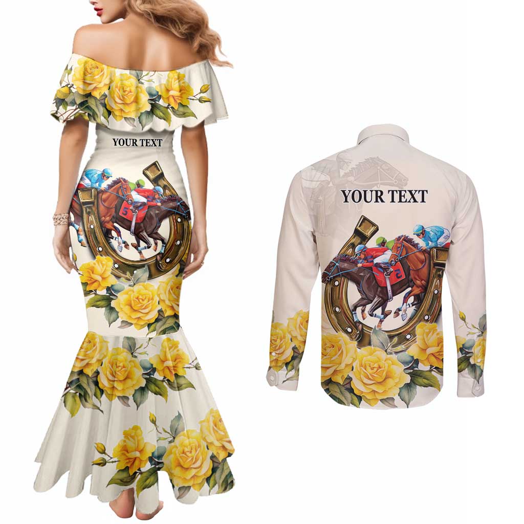Melbourne Horse Racing Personalised Couples Matching Mermaid Dress and Long Sleeve Button Shirt Australian Horse With Yellow Roses - Wonder Print Shop