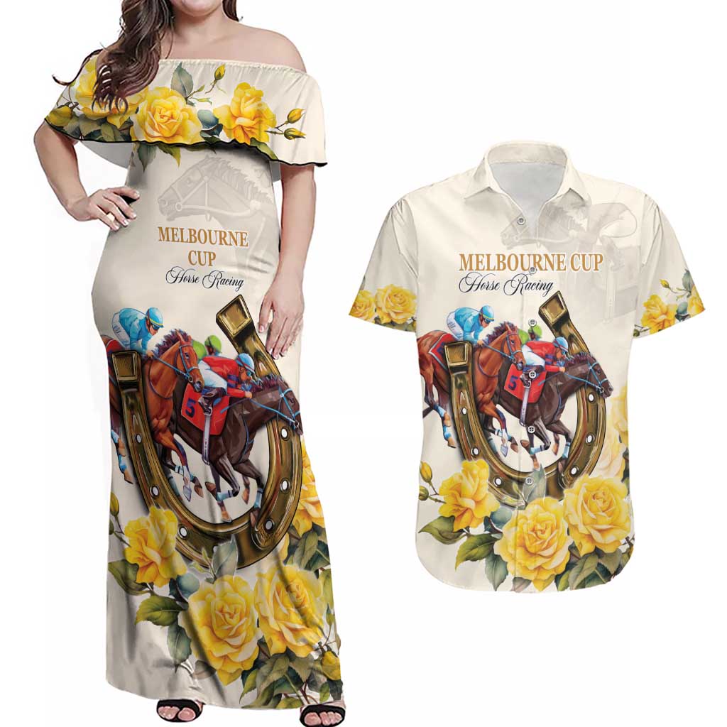Melbourne Horse Racing Personalised Couples Matching Off Shoulder Maxi Dress and Hawaiian Shirt Australian Horse With Yellow Roses - Wonder Print Shop