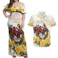 Melbourne Horse Racing Personalised Couples Matching Off Shoulder Maxi Dress and Hawaiian Shirt Australian Horse With Yellow Roses - Wonder Print Shop