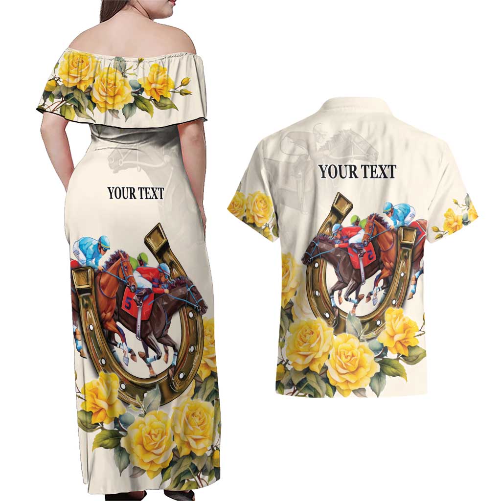Melbourne Horse Racing Personalised Couples Matching Off Shoulder Maxi Dress and Hawaiian Shirt Australian Horse With Yellow Roses - Wonder Print Shop