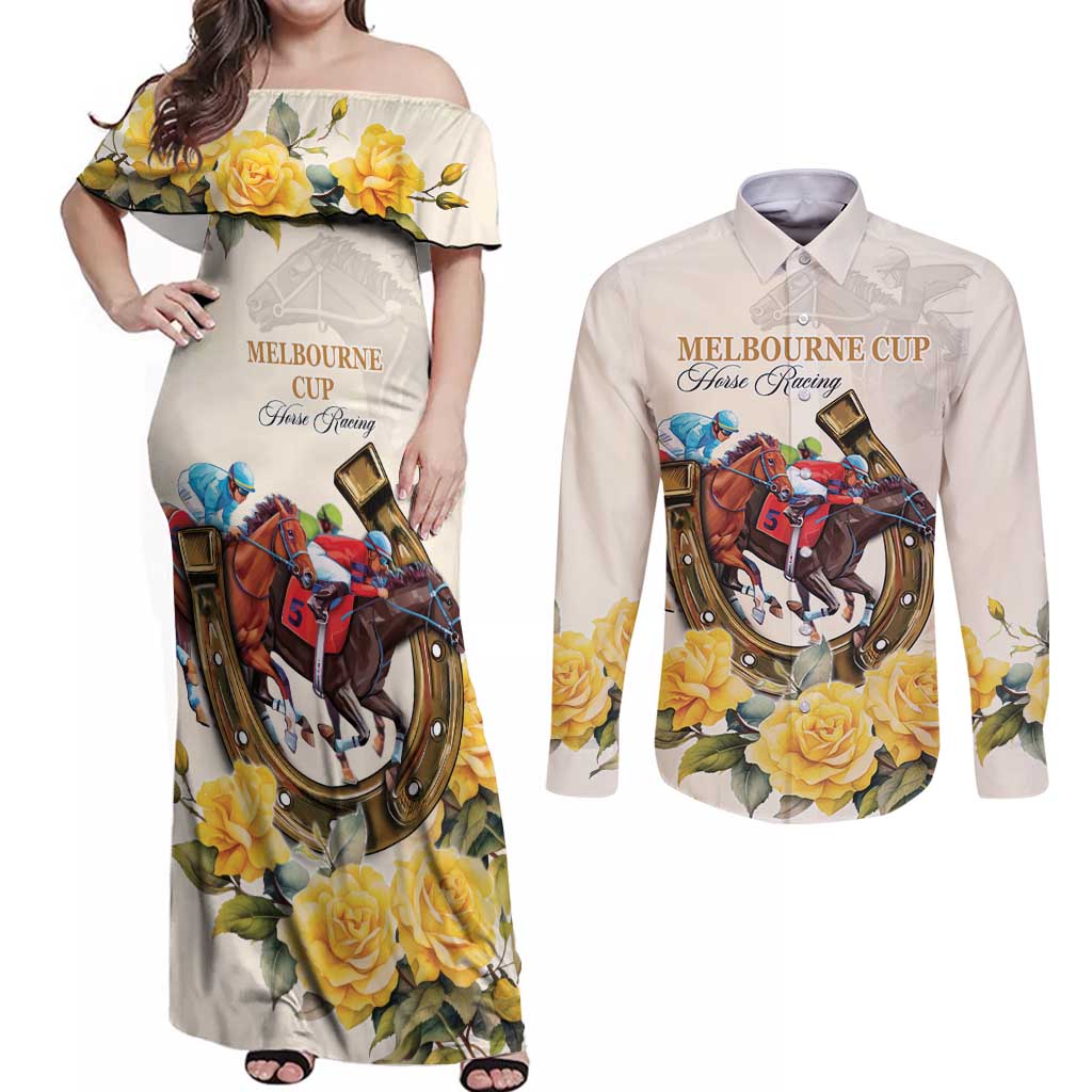 Melbourne Horse Racing Personalised Couples Matching Off Shoulder Maxi Dress and Long Sleeve Button Shirt Australian Horse With Yellow Roses - Wonder Print Shop
