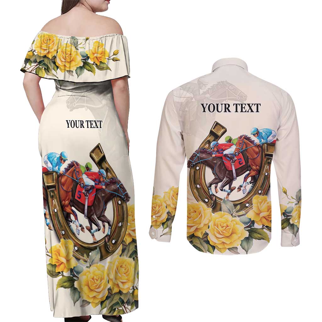 Melbourne Horse Racing Personalised Couples Matching Off Shoulder Maxi Dress and Long Sleeve Button Shirt Australian Horse With Yellow Roses - Wonder Print Shop