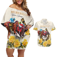 Melbourne Horse Racing Personalised Couples Matching Off Shoulder Short Dress and Hawaiian Shirt Australian Horse With Yellow Roses - Wonder Print Shop